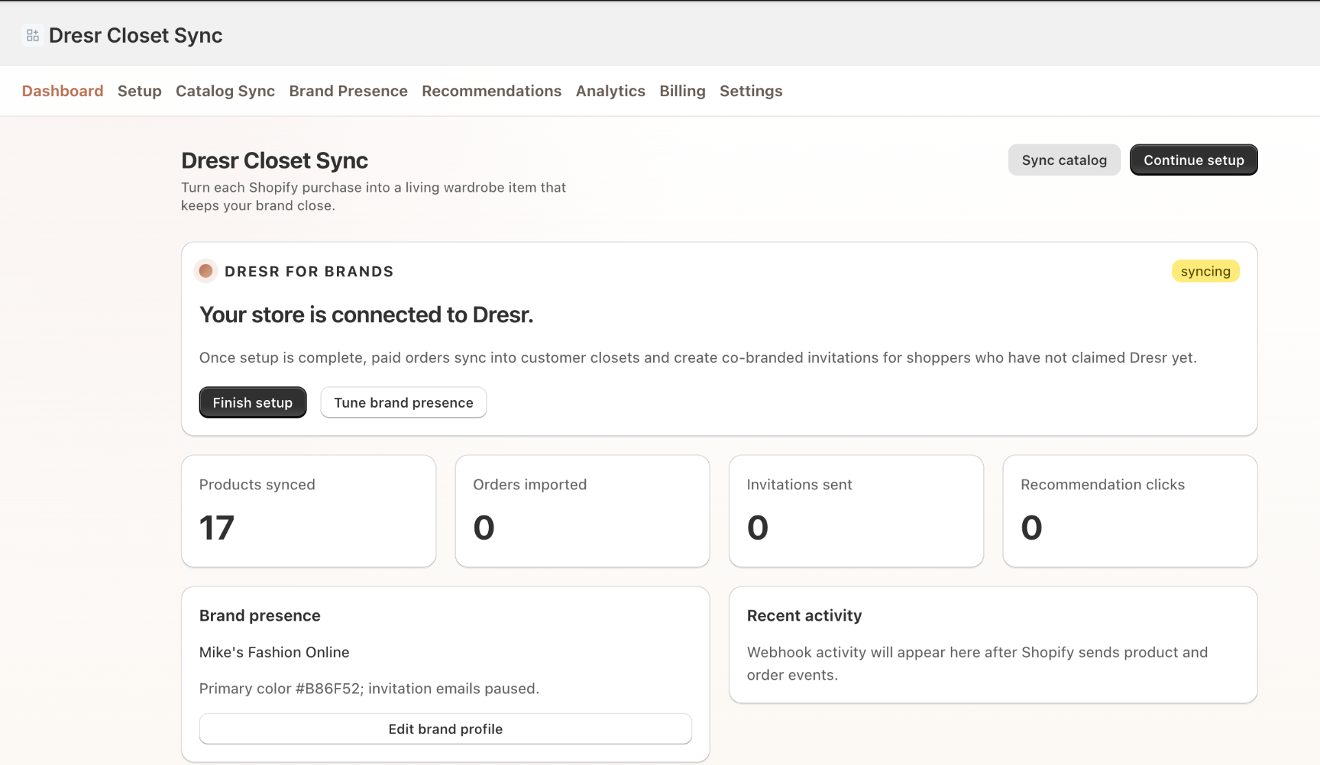Dresr Closet Sync app inside the Shopify admin showing 17 products synced and order activity.